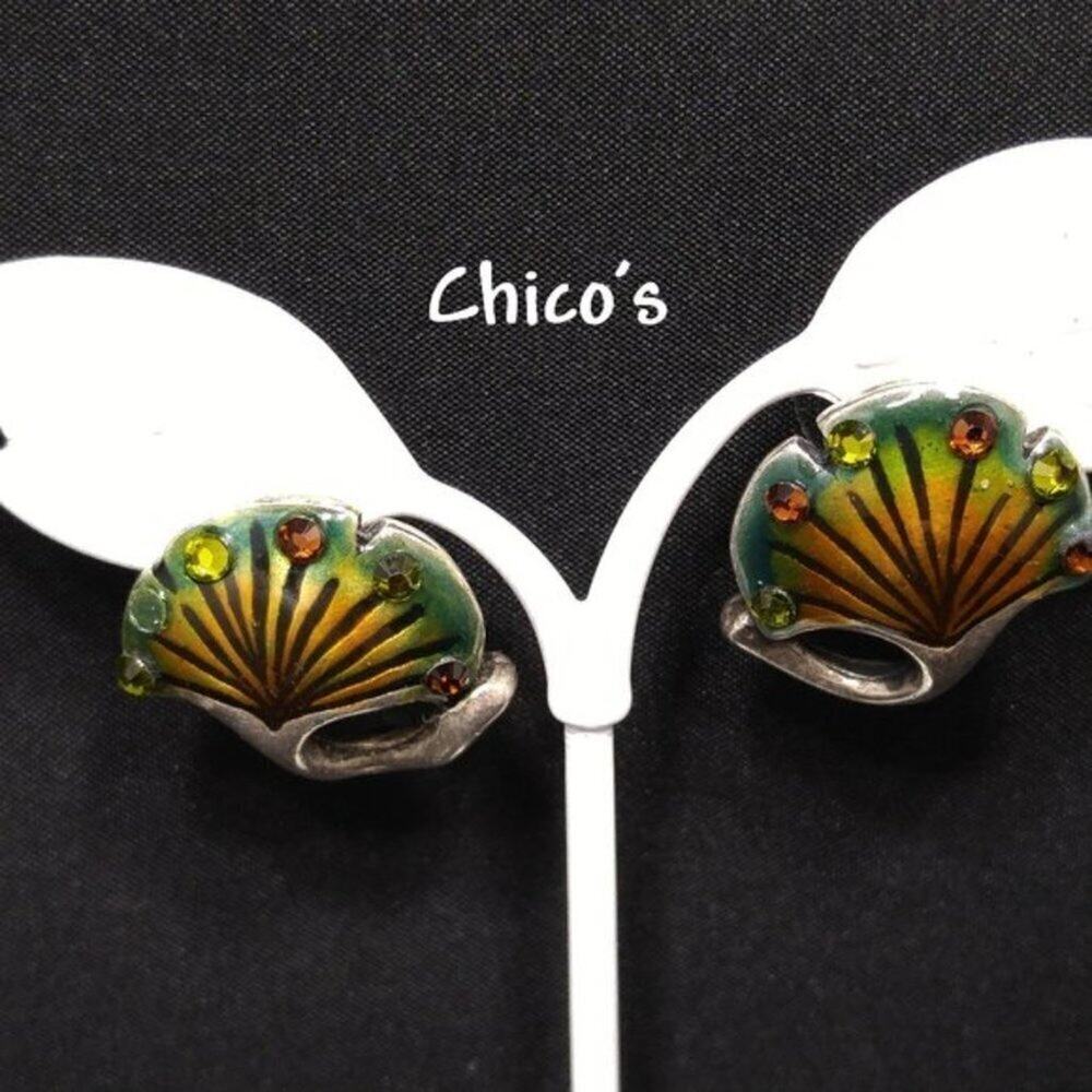 Chico's Enamel Silver Tone Rhinestone Post Earrings, Green Bronze Enamel, 7/8 In